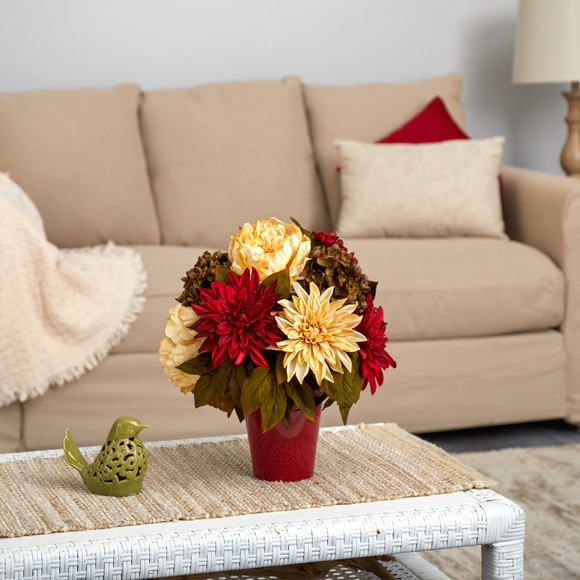 14 Peony Hydrangea and Dahlia Artificial Arrangement in Burgundy Vase - SKU #A1467 - 2