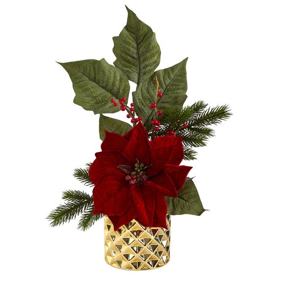 21 Poinsettia Berries and Pine Artificial Arrangement in Gold Vase - SKU #A1477