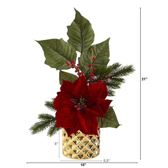 21 Poinsettia Berries and Pine Artificial Arrangement in Gold Vase - SKU #A1477 - 1