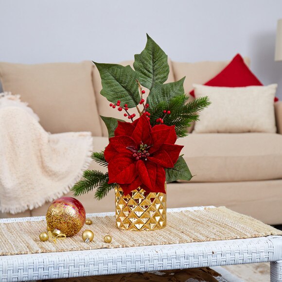 21 Poinsettia Berries and Pine Artificial Arrangement in Gold Vase - SKU #A1477 - 2
