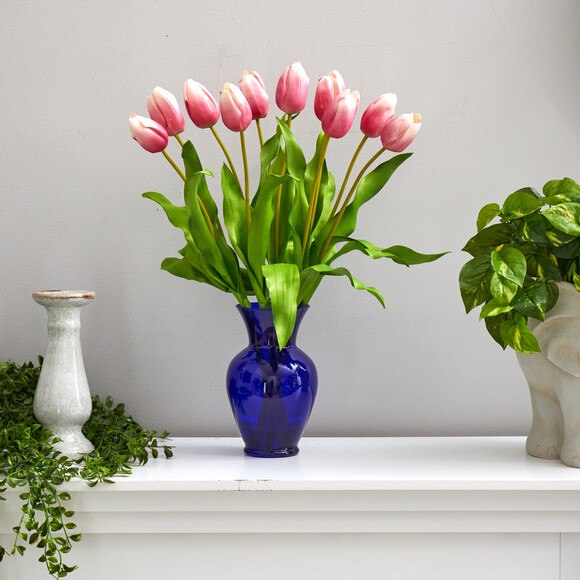 22 Dutch Tulip Artificial Arrangement in Blue Colored Vase - SKU #A1482-WH - 10