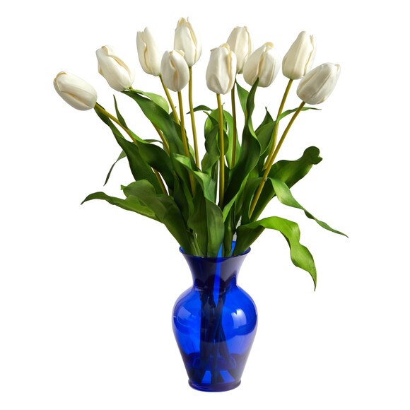 22 Dutch Tulip Artificial Arrangement in Blue Colored Vase - SKU #A1482-WH