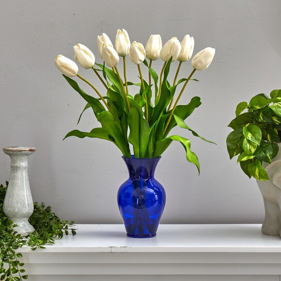 22 Dutch Tulip Artificial Arrangement in Blue Colored Vase - SKU #A1482-WH - 2