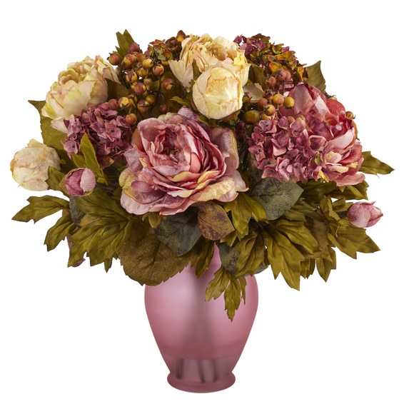 16 Peony Artificial Arrangement in Rose Colored Vase - SKU #A1609