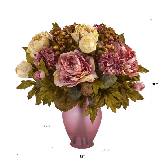 16 Peony Artificial Arrangement in Rose Colored Vase - SKU #A1609 - 1