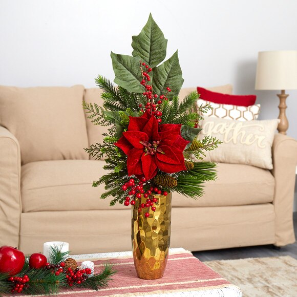32 Poinsettia Berries Pine and Pinecone Artificial Arrangement in Gold Vase - SKU #A1618