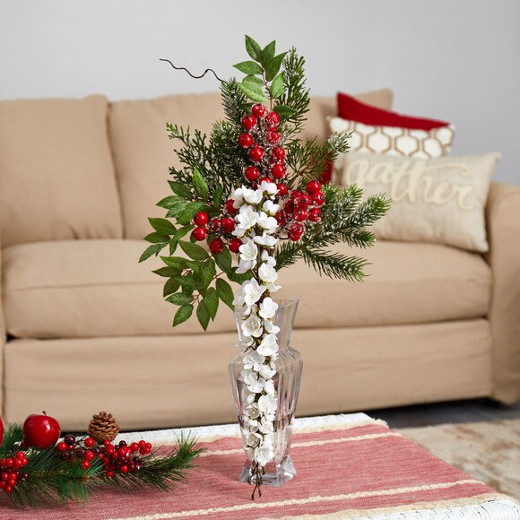 25 Wisteria Iced Pine and Berries Artificial Arrangement in Glass Vase - SKU #A1622