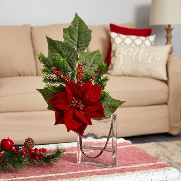 23 Poinsettia Berries and Pine Artificial Arrangement in Glass Vase - SKU #A1624