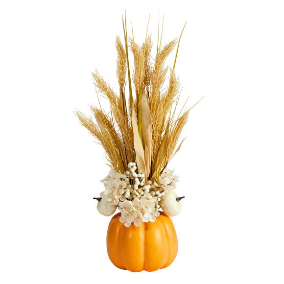 21 Autumn Dried Wheat and Pumpkin Artificial Fall Arrangement in Decorative Pumpkin Vase - SKU #A1776