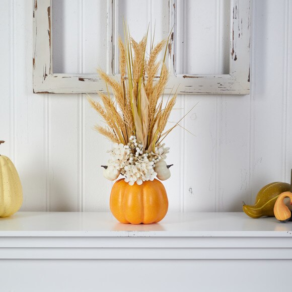 21 Autumn Dried Wheat and Pumpkin Artificial Fall Arrangement in Decorative Pumpkin Vase - SKU #A1776 - 2