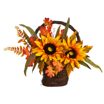 16 Fall Sunflower Artificial Autumn Arrangement in Decorative Basket - SKU #A1780