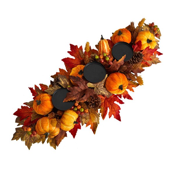 36 Autumn Maple Leaves Pumpkin and Berries Fall Harvest Candelabrum Arrangement - SKU #A1784 - 2