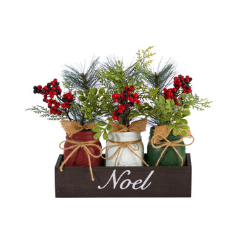 12 Holiday Winter Pine and Berries Three Piece Mason Jar Noel Table Christmas Arrangement Dcor - SKU #A1842