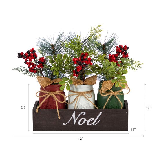 12 Holiday Winter Pine and Berries Three Piece Mason Jar Noel Table Christmas Arrangement Dcor - SKU #A1842 - 1