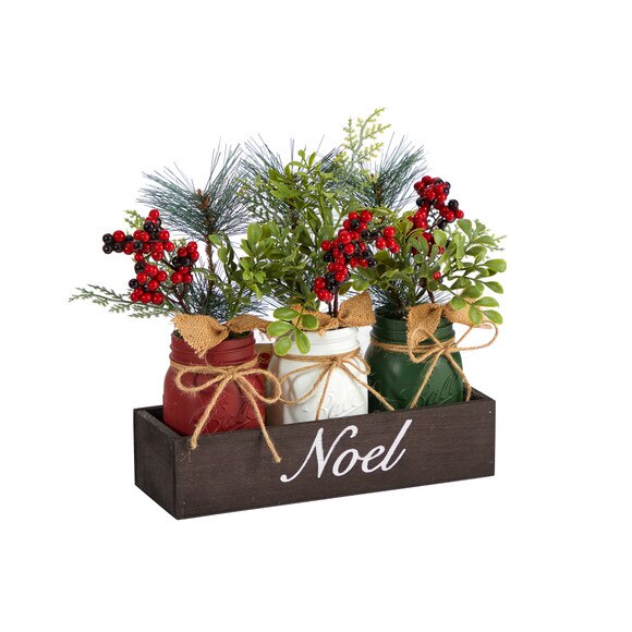 12 Holiday Winter Pine and Berries Three Piece Mason Jar Noel Table Christmas Arrangement Dcor - SKU #A1842 - 2