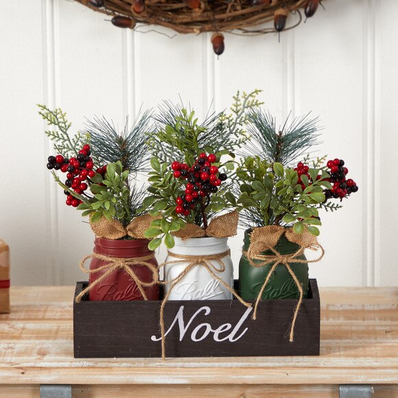 12 Holiday Winter Pine and Berries Three Piece Mason Jar Noel Table Christmas Arrangement Dcor - SKU #A1842 - 3