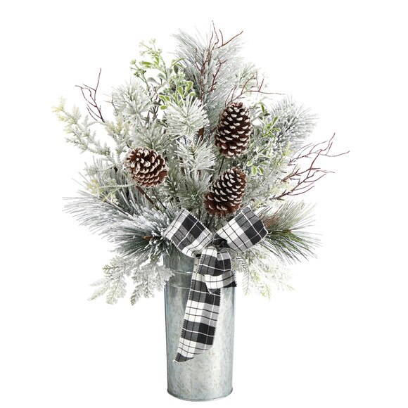 28 Frosted Greenery and Pinecone with Plaid Bow Artificial Christmas Arrangement in Decorative Tin - SKU #A1848