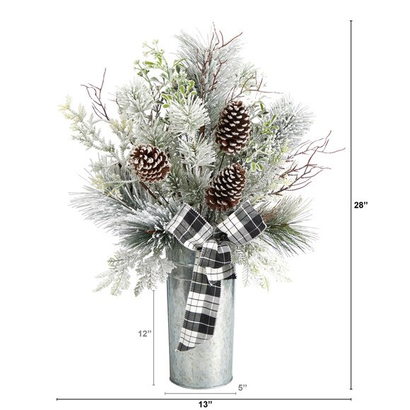 28 Frosted Greenery and Pinecone with Plaid Bow Artificial Christmas Arrangement in Decorative Tin - SKU #A1848 - 1