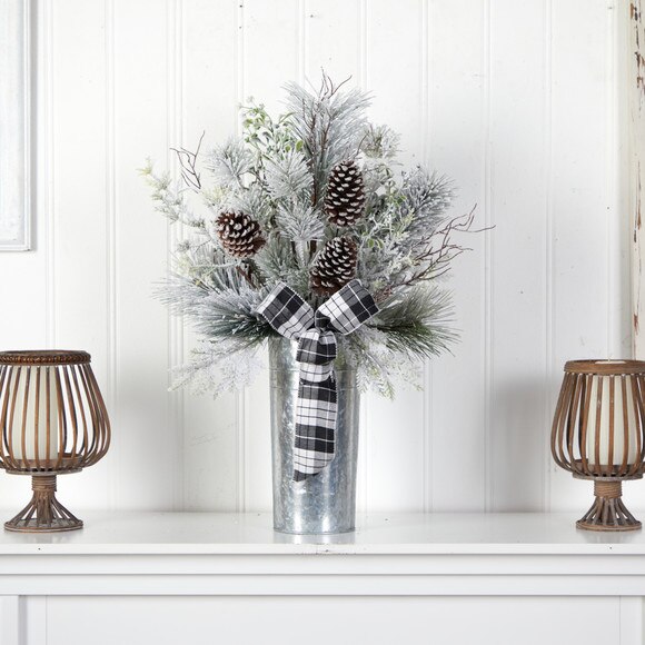 28 Frosted Greenery and Pinecone with Plaid Bow Artificial Christmas Arrangement in Decorative Tin - SKU #A1848 - 2