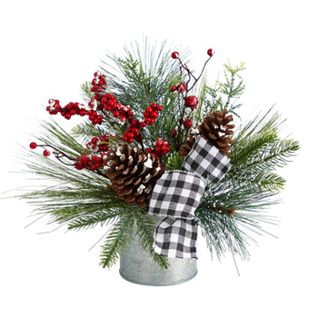 12 Frosted Pinecones and Berries Artificial Arrangement in Vase with Decorative Plaid Bow - SKU #A1851