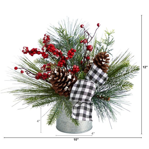 12 Frosted Pinecones and Berries Artificial Arrangement in Vase with Decorative Plaid Bow - SKU #A1851 - 1