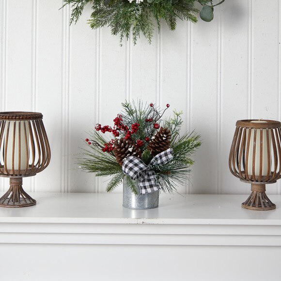 12 Frosted Pinecones and Berries Artificial Arrangement in Vase with Decorative Plaid Bow - SKU #A1851 - 2