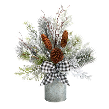 20 Holiday Winter Greenery with Pinecones and Gingham Plaid Bow Table Christmas Arrangement - SKU #A1853