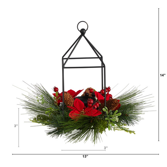 14 Christmas Poinsettia Berry and Pinecone Metal Candle Holder Christmas Table Arrangement - SKU #A1855 - 1