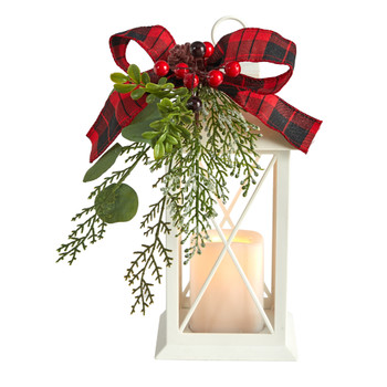12 Holiday White Lantern With Berries Pine and Plaid Bow Christmas Table Arrangement - SKU #A1857
