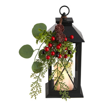 12 Holiday Berries and Greenery Metal Lantern Table Christmas Arrangement with LED Candle Included - SKU #A1858