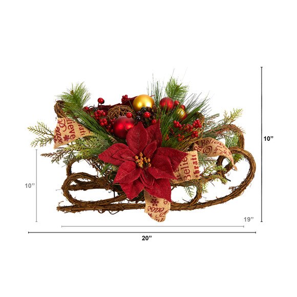 18 Christmas Sleigh with Poinsettia Berries and Pinecone Artificial Arrangement with Ornaments - SKU #A1859 - 1