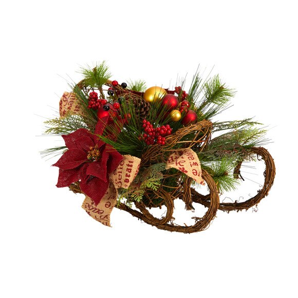 18 Christmas Sleigh with Poinsettia Berries and Pinecone Artificial Arrangement with Ornaments - SKU #A1859 - 2