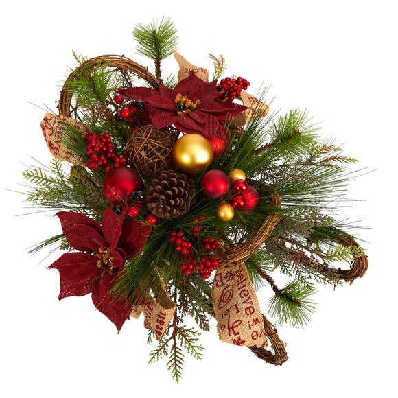 18 Christmas Sleigh with Poinsettia Berries and Pinecone Artificial Arrangement with Ornaments - SKU #A1859 - 3