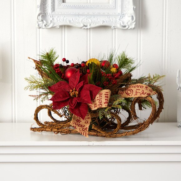18 Christmas Sleigh with Poinsettia Berries and Pinecone Artificial Arrangement with Ornaments - SKU #A1859 - 4