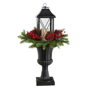 33 Holiday Greenery Berries and Pinecones in Decorative Urn with Large Lantern - SKU #A1861