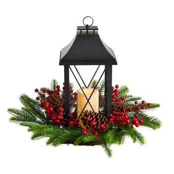 16 Holiday Berries Pinecones and Greenery with Lantern and Included LED Candle Table Arrangement - SKU #A1863