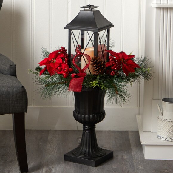 33 Holiday Berries and Poinsettia with Large Lantern and Included LED Candle - SKU #A1864 - 2