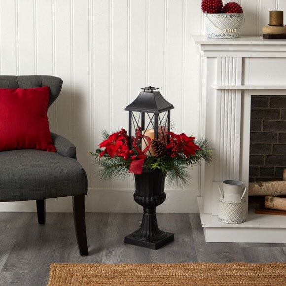 33 Holiday Berries and Poinsettia with Large Lantern and Included LED Candle - SKU #A1864 - 3