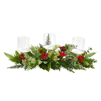 20 Holiday Winter Greenery and Berries Triple Candle Holder Artificial Christmas Table Arrangement - SKU #A1866