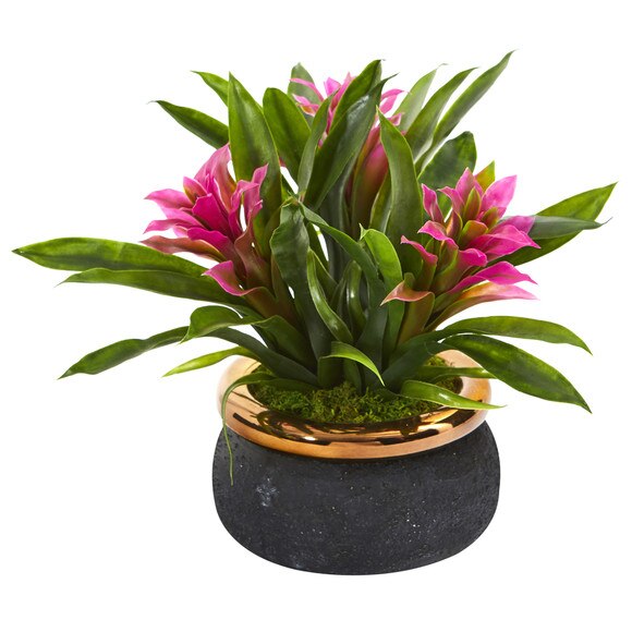 11 Bromeliad Artificial Plant in Stoneware Planter - SKU #P1014 - 2