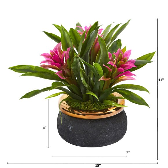 11 Bromeliad Artificial Plant in Stoneware Planter - SKU #P1014 - 3