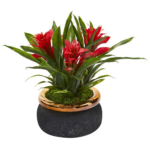 11 Bromeliad Artificial Plant in Stoneware Planter - SKU #P1014