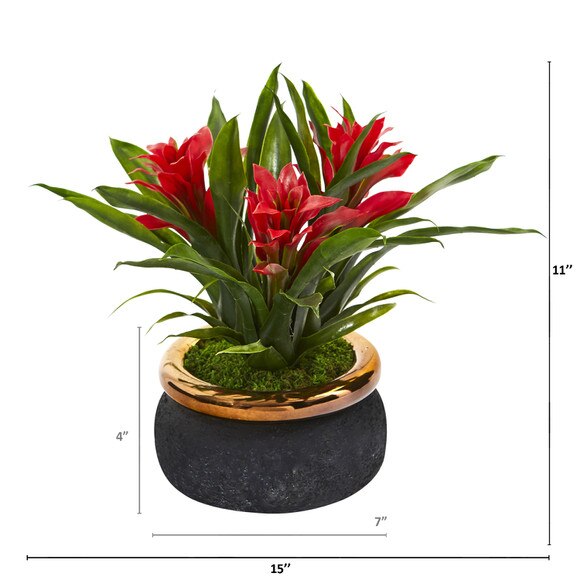 11 Bromeliad Artificial Plant in Stoneware Planter - SKU #P1014 - 1