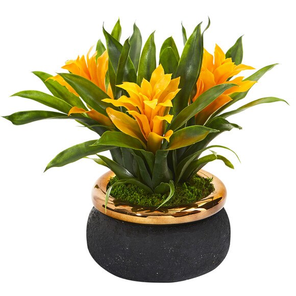 11 Bromeliad Artificial Plant in Stoneware Planter - SKU #P1014 - 4
