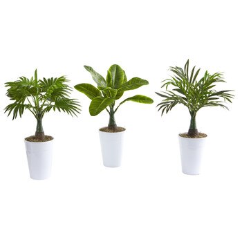 18 Assorted Mini Palm and Banana Artificial Plant in White Planter Set of 3 - SKU #P1018