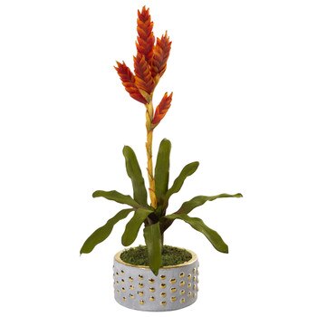 24 Tropical Bromeliad Artificial Plant in Bowl with Gold Trimming - SKU #P1107