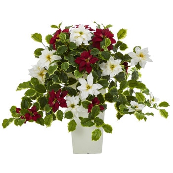 23 Poinsettia and Variegated Holly Artificial Plant in Decorative Planter Real Touch - SKU #P1337-WH