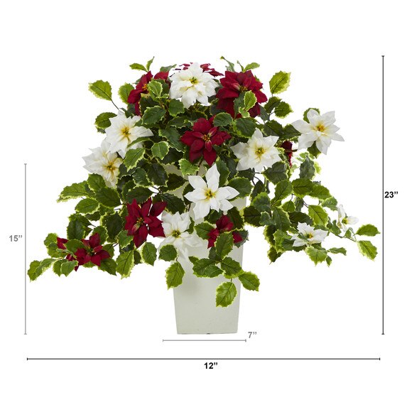 23 Poinsettia and Variegated Holly Artificial Plant in Decorative Planter Real Touch - SKU #P1337-WH - 1