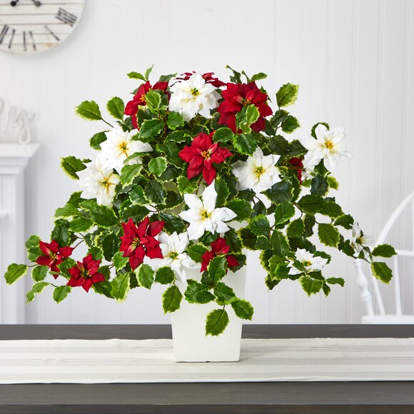 23 Poinsettia and Variegated Holly Artificial Plant in Decorative Planter Real Touch - SKU #P1337-WH - 2