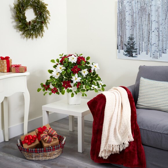 23 Poinsettia and Variegated Holly Artificial Plant in Decorative Planter Real Touch - SKU #P1337-WH - 3